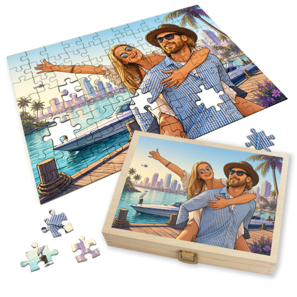 Foto-puzzel omgezet in een videospelhoes GTA-stijl Foto-puzzel omgezet in een videospelhoes GTA-stijl