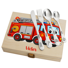Geschenkset brandweerauto met gepersonaliseerd bestek Geschenkset brandweerauto met gepersonaliseerd bestek