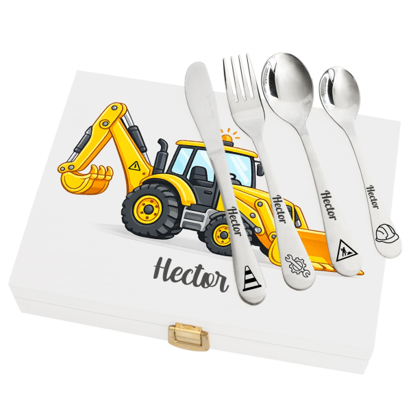 Geschenkset graafmachine met gepersonaliseerd bestek Geschenkset graafmachine met gepersonaliseerd bestek