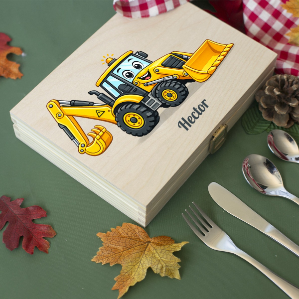 Geschenkset graafmachine met gepersonaliseerd bestek Geschenkset graafmachine met gepersonaliseerd bestek