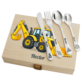 Geschenkset graafmachine met gepersonaliseerd bestek Geschenkset graafmachine met gepersonaliseerd bestek