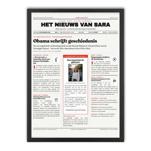 Het nieuws van de dag van je geboorte op een poster Het nieuws van de dag van je geboorte op een poster