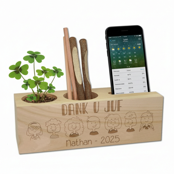 Houten bureau organizer - Bedankt Juf - met gravure Houten bureau organizer - Bedankt Juf