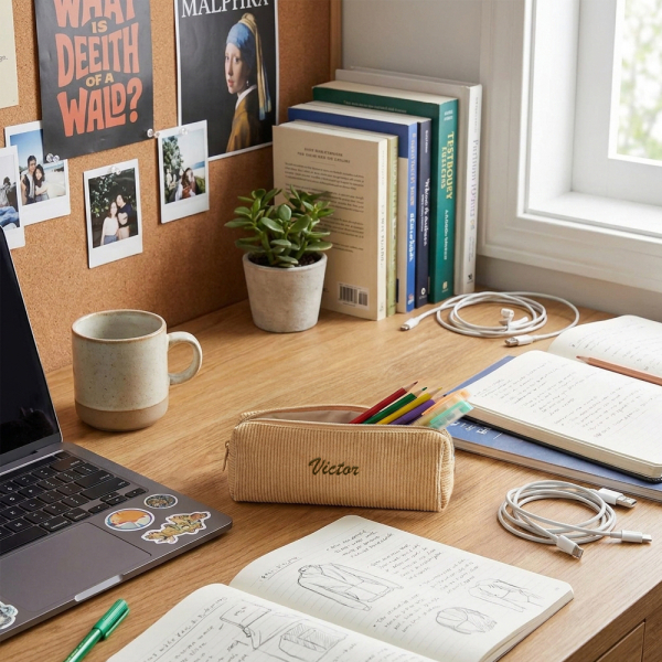 Personaliseerbare etui van ribfluweel voor potloden Personaliseerbare etui van ribfluweel voor potloden