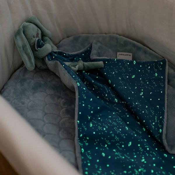 Schattig knuffelkonijntje met geborduurde, lichtgevende deken Schattig knuffelkonijntje met geborduurde, lichtgevende deken