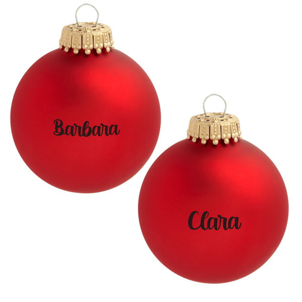 Set van gepersonaliseerde rode glazen kerstballen Set van gepersonaliseerde rode glazen kerstballen