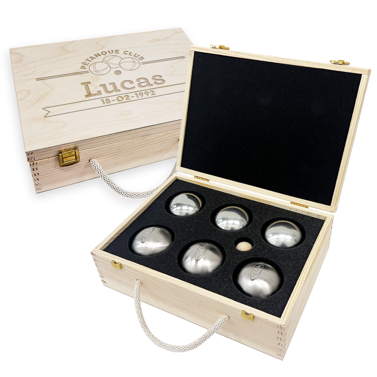 Houten kist voor 6 petanqueballen (2 sets) Houten kist voor 6 petanqueballen (2 sets)
