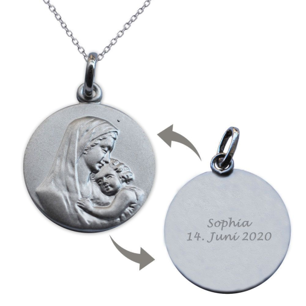 Doop medaillon personaliseren - Maria met kind - gravure op de achterkant