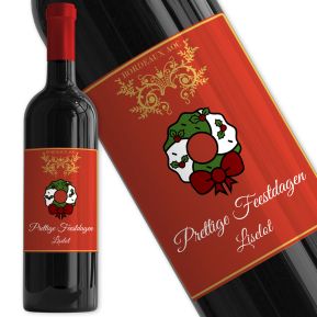 Fles wijn met bedrukt kerstmis etiket