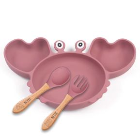 Silicone kinderservies - krabbordje met gegraveerd babybestek