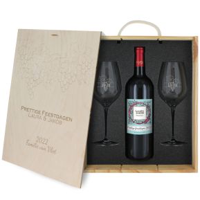 Wijnpakket met druiven gravure - fles en glazen