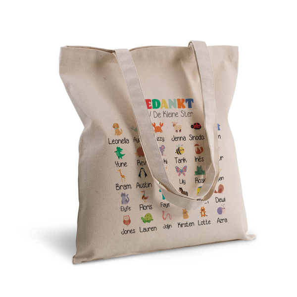 Canvas tas einde schooljaar met diertjes en namen