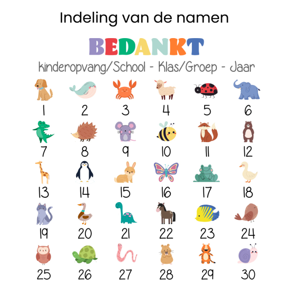 Canvas tas einde schooljaar met diertjes en namen - Indeling