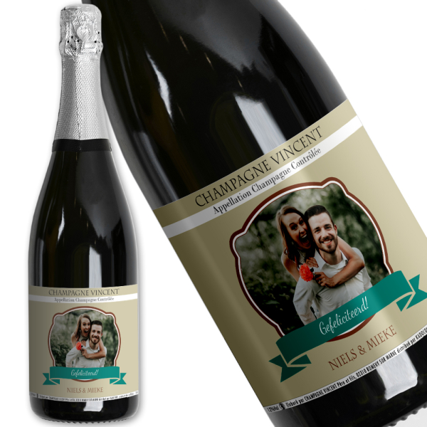 Belegering apotheek solide Fles Champagne met foto op etiket bedrukt