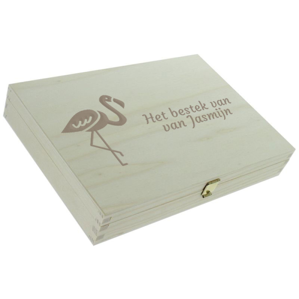 Gegraveerd kinderbestek met flamingo houten doos