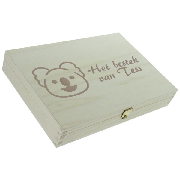 Gegraveerd kinderbestek met koala met houten doos