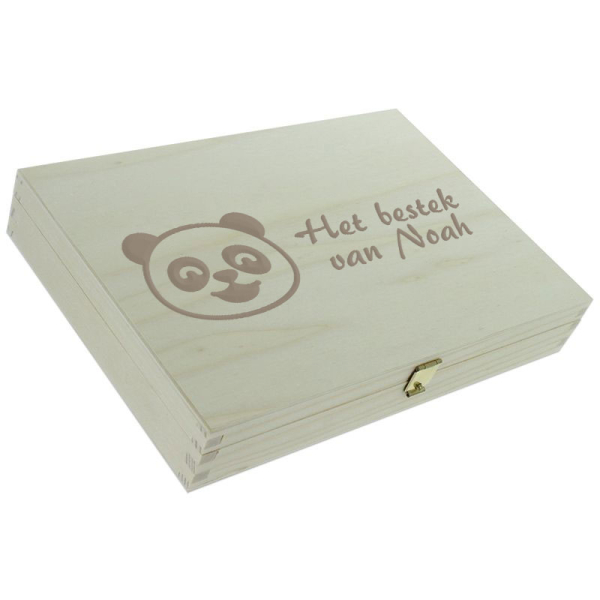Gegraveerd kinderbestek met panda's houten doos