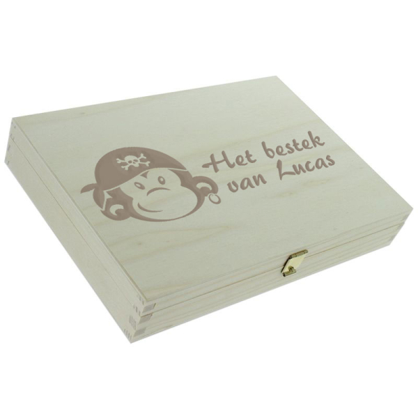 Gegraveerd kinderbestek met piratenaapjes houten doos