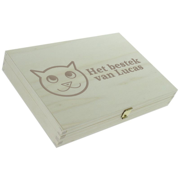 Gegraveerd kinderbestek met poes houten doos
