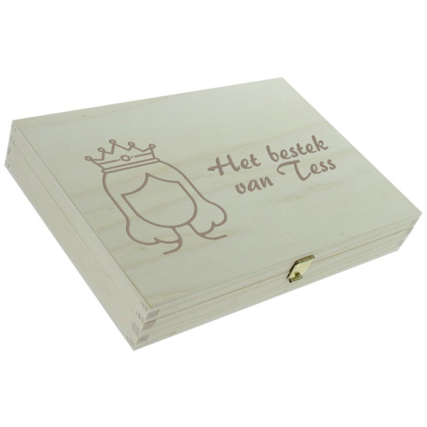 Gegraveerd kinderbestek met prinses houten doos