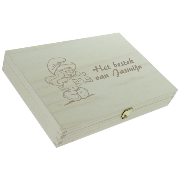 Gegraveerd Smurfen kinderbestek houten doos