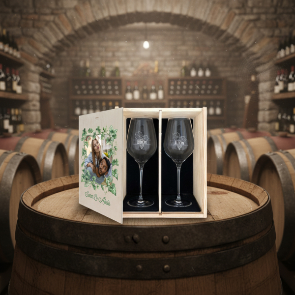 Geschenkdoos met 2 gepersonaliseerde wijnglazen met foto