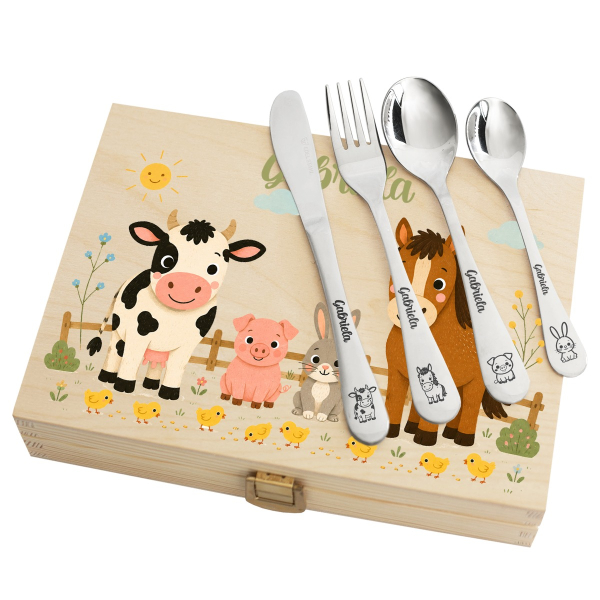 Geschenkset boerderijdieren met gepersonaliseerd bestek