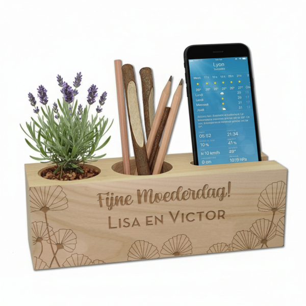 Houten bureau organizer - bloemen