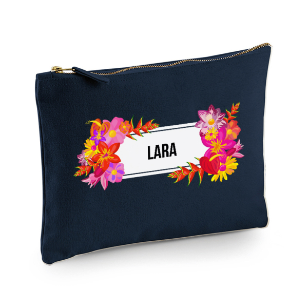 Katoenen tas met rits - Flower Power - donkerblauw