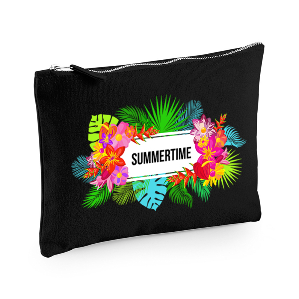 Katoenen tas met rits - Flower Power - zwart