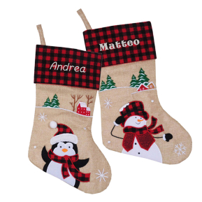 Kerstsok met naam - beige met schotse ruit