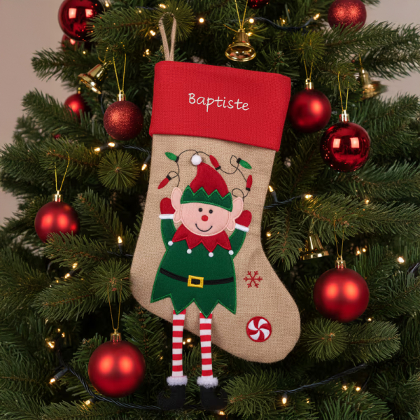 Kerstsok met geborduurde kerstfiguren en naam