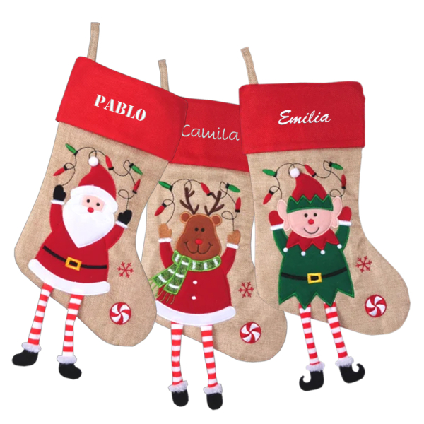 Kerstsok met geborduurde kerstfiguren en naam