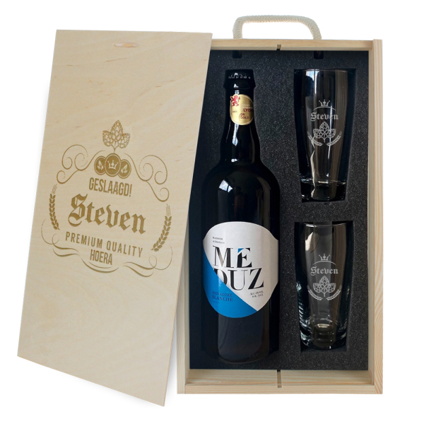 Bierpakket graveren - Label design - kist en glazen personaliseren
