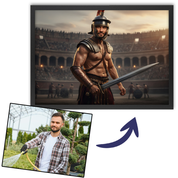 Portret van een man omgetoverd tot een historische figuur