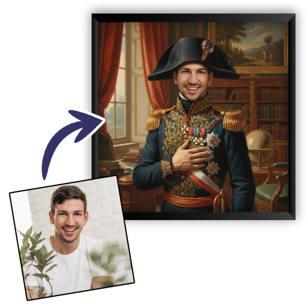 Portret van een man omgetoverd tot een historische figuur