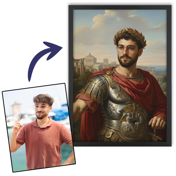 Portret van een man omgetoverd tot een historische figuur