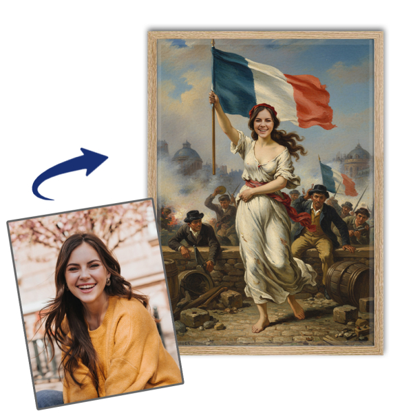 Portret van een vrouw getransformeerd tot historische figuur