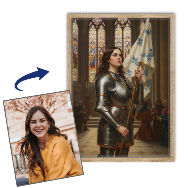 Portret van een vrouw getransformeerd tot historische figuur