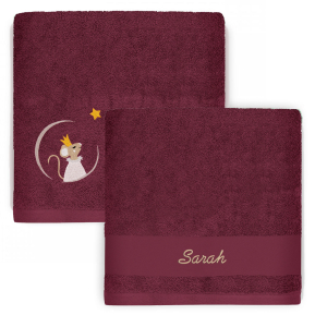 Handdoek borduren - donkerroze met muisje