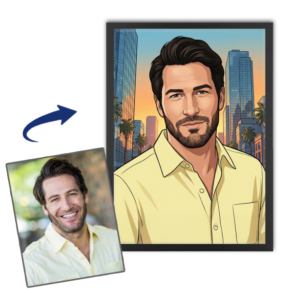 Ge&iuml;llustreerd portret in videogamestijl op basis van een foto