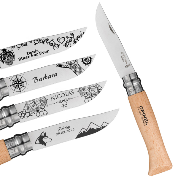 Gepersonaliseerd Opinel nr. 8 mes met een naam en een thema