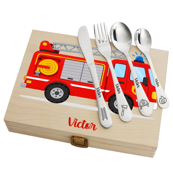 Geschenkset brandweerauto met gepersonaliseerd bestek Geschenkset brandweerauto met gepersonaliseerd bestek