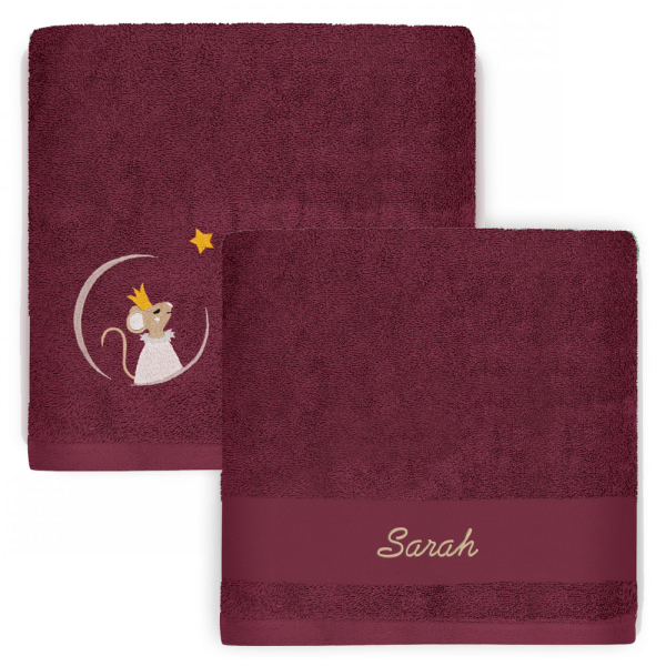 Handdoek borduren - donkerroze met muisje