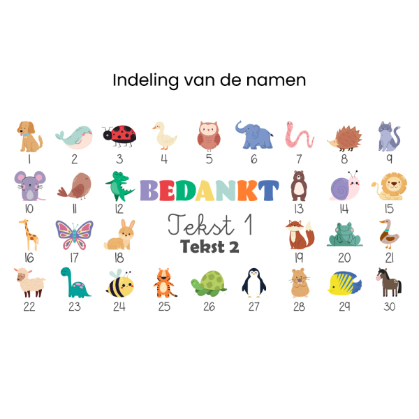 Koekjespot bedrukt Bedankt met diertjes en namen