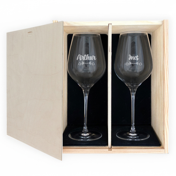 Liefdesgeschenkdoos met 2 gepersonaliseerde wijnglazen Liefdesgeschenkdoos met 2 gepersonaliseerde wijnglazen