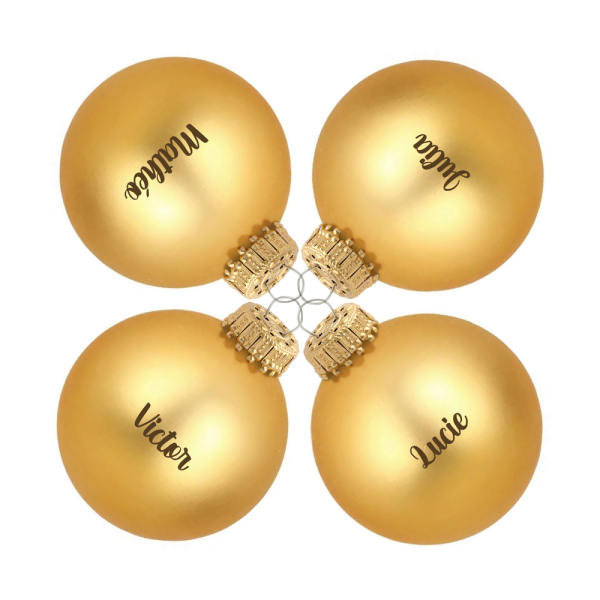 Set van gepersonaliseerde gouden glazen kerstballen