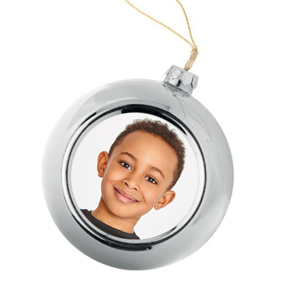 Zilveren kerstbal gepersonaliseerd met foto