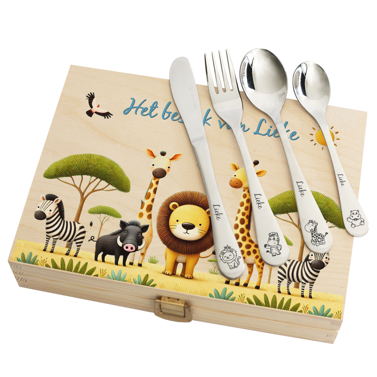 Safari doosje met gepersonaliseerd kinderbestek Safari doosje met gepersonaliseerd kinderbestek