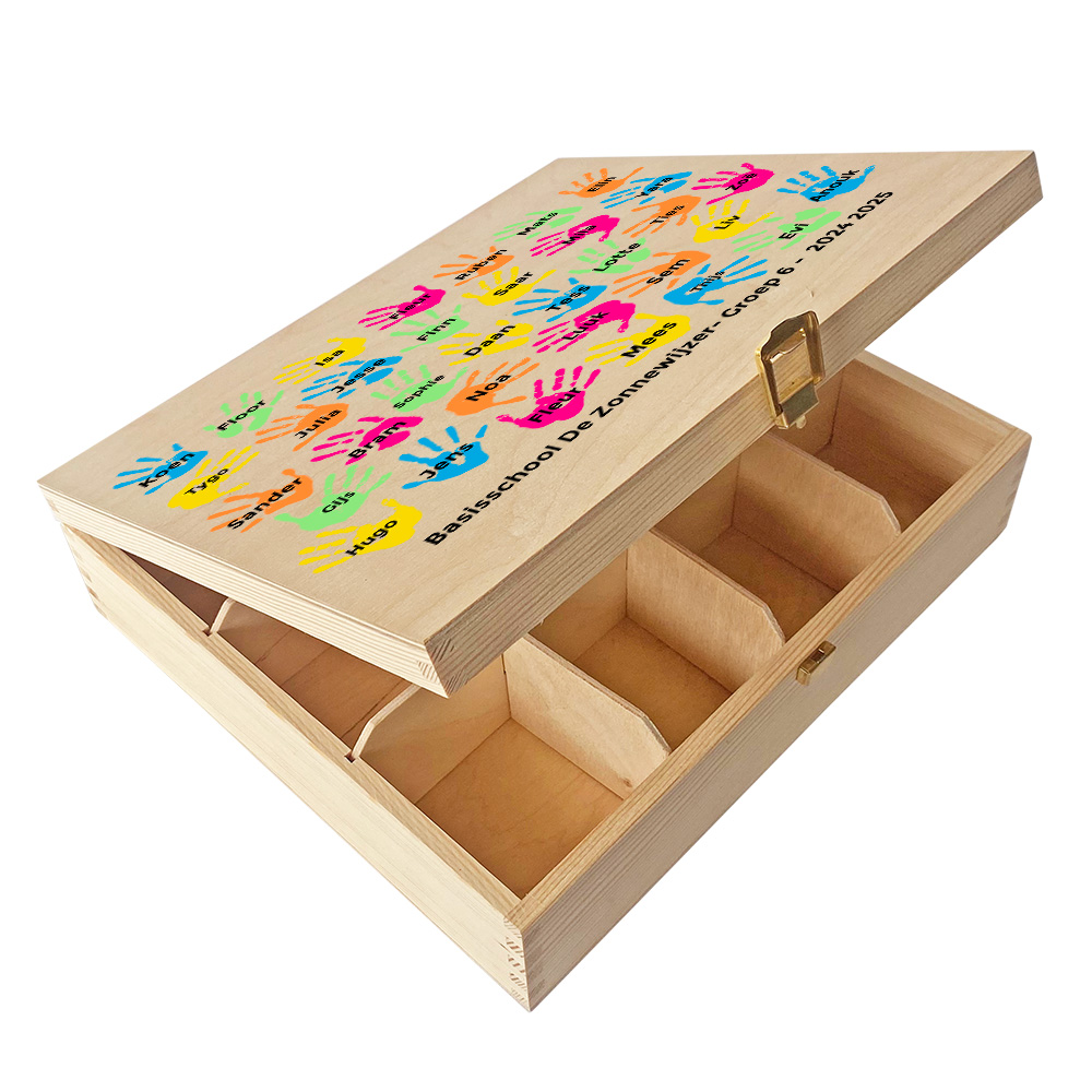 Houten theedoos 12 vakken bedrukt met kinderhandjes en namen